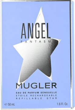 Mugler Angel Fantasm, damska woda perfumowana w jasnoniebieskim pudełku z dużą srebrną gwiazdą, widok z przodu.