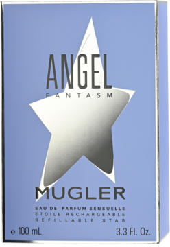 Mugler Angel Fantasm damska woda perfumowana, niebieskie pudełko ze srebrną gwiazdą, zapach ananasa, widok z przodu.