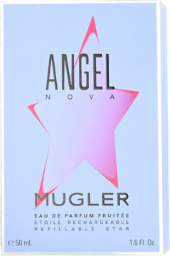 Opakowanie Mugler Angel Nova Eau de Parfum, jasnoniebieskie z różową gwiazdą i napisami, widok z przodu.