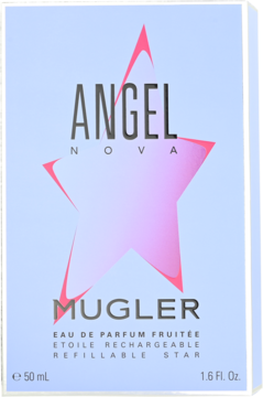 Opakowanie Mugler Angel Nova Eau de Parfum, jasnoniebieskie z różową gwiazdą i napisami, widok z przodu.
