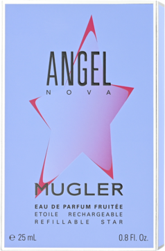 Opakowanie Mugler Angel Nova EDP 25ml, lawendowe z różową gwiazdą i napisami, widok z przodu.
