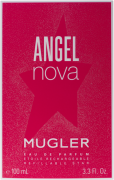 Angel Nova Mugler Eau de Parfum w intensywnie różowym pudełku z dużą gwiazdą i białym napisem, widok z przodu.