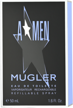 Mugler A*Men Eau de Toilette, czarne pudełko z niebieską gwiazdą i napisem, widok z przodu, 50 ml.