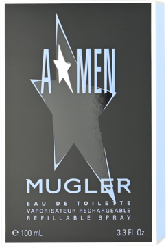 Mugler A*Men Eau de Toilette Refillable Spray 100ml w ciemnym opakowaniu ze srebrną gwiazdą, widok z przodu.