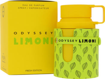 Energetyzująca woda perfumowana Armaf Odyssey Limoni Fresh Edition: żółte pudełko i zielono-żółta butelka w liście.