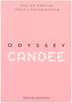 Różowe opakowanie damskiej wody perfumowanej Odyssey Candee, widok z przodu z cukierkowym napisem Candee.