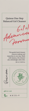 AXIS-Y Quinoa One-Step Balanced Gel Cleanser w beżowym opakowaniu, pH 5.5, z napisem '6+1+1 Formula'.