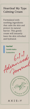 Axis-Y Heartleaf My Type Calming Cream w beżowym opakowaniu, widok z przodu. Krem łagodzący z pstrolistką i wąkrotką.