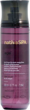 Fioletowa mgiełka Nativa SPA Acai Body Splash 200ml, widok z przodu, z czarną nakrętką i złotymi napisami.