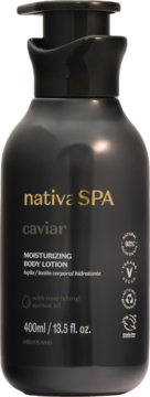 Nawilżający balsam Nativa SPA Caviar w czarnej butelce 400ml z pompką, widok z przodu, złote logo.