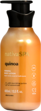 Nativa SPA Quinoa ujędrniające mleczko do ciała 400ml, pomarańczowa butelka z czarną pompką, przód.