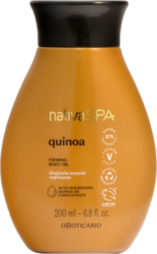 Nativa SPA Quinoa Firming Body Oil w złotobrązowej, ergonomicznej butelce z czarną nakrętką, widok z przodu.
