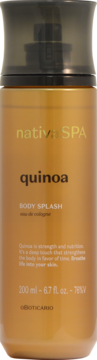 Złoty Nativa SPA Quinoa Body Splash 200ml w butelce z ciemnym atomizerem, widok z przodu.