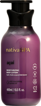 Nativa SPA Açaí Moisturizing Body Lotion, deep purple 400ml bottle, with nourishing quinoa oil, frontal view.