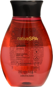 Nativa SPA Plum olejek nawilżający do ciała. Czerwono-fioletowa, gruszkowa butelka z czarną nakrętką. Widok przód.
