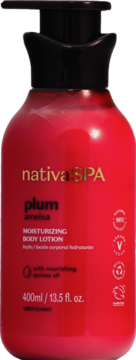 Nativa SPA plum moisturizing body lotion, red bottle, black pump, 400ml, vegan. Front view.