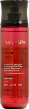 Nativa SPA Plum Body Splash eau de cologne 200ml, czerwona ciecz, przezroczysta butelka, widok z przodu.