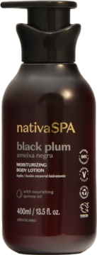 Nativa SPA Black Plum nawilżające mleczko do ciała 400ml, ciemna butelka z pompką, widok z przodu.