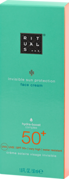 Front view: Rituals invisible sun protection face cream SPF 50+ in a teal box with hydra-boost. 50ml.