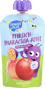 Niebiesko-zielona saszetka musu Genuss Plus Kids Rossmann, Pfirsich-Maracuja-Apfel, z fioletową nakrętką i grafiką.