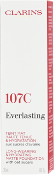 Clarins Everlasting Long-Wearing & Hydrating Matte Foundation 107C w białym pudełku, widok z przodu.