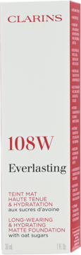 Clarins Everlasting 108W, long-wearing & hydrating matte foundation. Front view of a white box with red text.