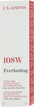 Clarins Everlasting 108W, long-wearing & hydrating matte foundation. Front view of a white box with red text.