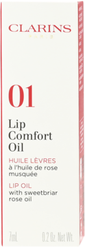 Clarins Lip Comfort Oil 01, białe pudełko 7ml z olejkiem z dzikiej róży, czerwone napisy, widok z przodu.