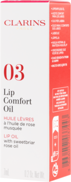 Biało-czerwone opakowanie Clarins Lip Comfort Oil z olejkiem z dzikiej róży, numer 03, widok z przodu.