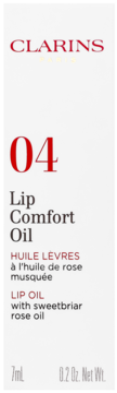 Biała etykieta Clarins Lip Comfort Oil 04 z czerwonym logo i numerem, widok z przodu, pojemność 7ml/0.2oz.