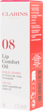 Białe opakowanie olejku Clarins Lip Comfort Oil 08 z olejkiem z dzikiej róży, widok z przodu i boku.
