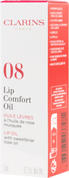 Białe opakowanie olejku Clarins Lip Comfort Oil 08 z olejkiem z dzikiej róży, widok z przodu i boku.
