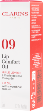 Biały kartonik Clarins Lip Comfort Oil 09 z olejkiem sweetbriar rose, widok z przodu i z boku.
