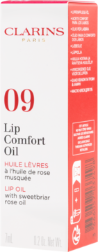 Biały kartonik Clarins Lip Comfort Oil 09 z olejkiem sweetbriar rose, widok z przodu i z boku.