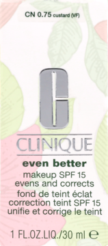 Pudełko podkładu Clinique Even Better Makeup SPF 15, odcień CN 0.75 Custard, widok z przodu, białe tło.