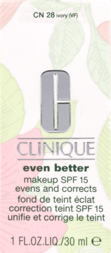 Clinique Even Better Makeup SPF 15, CN 28 Ivory, białe pudełko z zielono-różowym wzorem liści, widok z przodu.