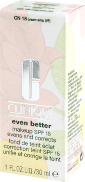 Pudełko podkładu Clinique Even Better SPF 15, CN 18 Cream Whip, białe z subtelnym różowo-żółtym wzorem, widok z przodu.