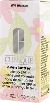 Front opakowania podkładu Clinique Even Better Makeup SPF 15, WN 16 Buff, białe z kwiatowym wzorem liści.