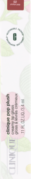 Clinique Pop Plush Creamy Lip Gloss Chiffon Pop (02) w białym opakowaniu z różowo-zielonym wzorem, widok z przodu.