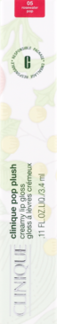 Pionowe opakowanie błyszczyka Clinique Pop Plush Freshwater Pop 3.4ml. Białe pudełko z zielonymi liśćmi i czerwonym paskiem, widok z przodu.