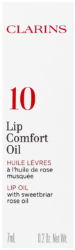 Biała etykieta Clarins Lip Comfort Oil nr 10 z olejkiem różanym, 7ml. Widok na przód opakowania.