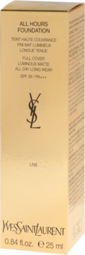 Złote opakowanie Yves Saint Laurent All Hours Foundation, podkład matujący SPF 39/PA+++, 25 ml, widok z przodu.