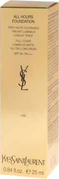 Złote opakowanie Yves Saint Laurent All Hours Foundation, podkład matujący SPF 39/PA+++, 25 ml, widok z przodu.