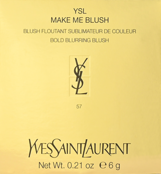 Złoty kartonik YSL Make Me Blush Bold Blurring Blush, z czarnym tekstem i złotym logo, widok z przodu.