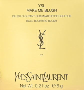 YSL Make Me Blush Bold Blurring Blush, żółto-złote kartonowe opakowanie, widok z przodu z logo YSL.