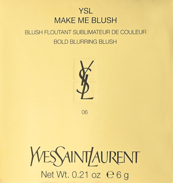 Złote, kwadratowe opakowanie różu YSL Make Me Blush Bold Blurring, widok z przodu, z logo YSL.