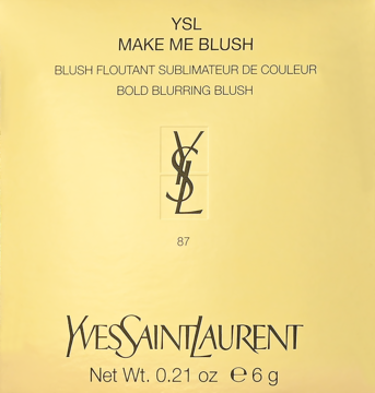 Złote opakowanie różu YSL Make Me Blush Bold Blurring Blush 87, z logo Yves Saint Laurent, widok z przodu.