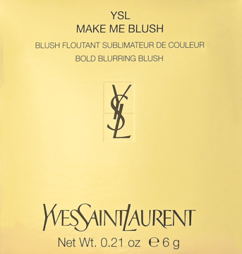 Złoty, prostokątny róż do policzków YSL Make Me Blush, widok z przodu, logo i tekst "Bold Blurring Blush".