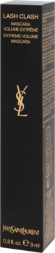 Czarne pudełko YSL Lash Clash Mascara Extreme Volume z złotymi napisami, widok z przodu i boku.