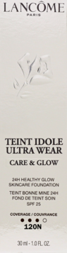 Lancôme Teint Idole Ultra Wear Care & Glow, podkład z SPF 25 w jasnej butelce, odcień 120N, widok z przodu.